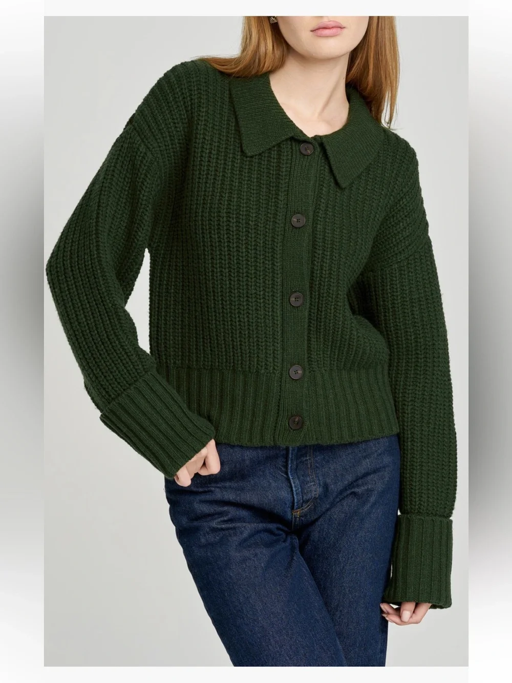 Wayf collared Button front Ribbed Cardigan forest green - Picture 5 of 7